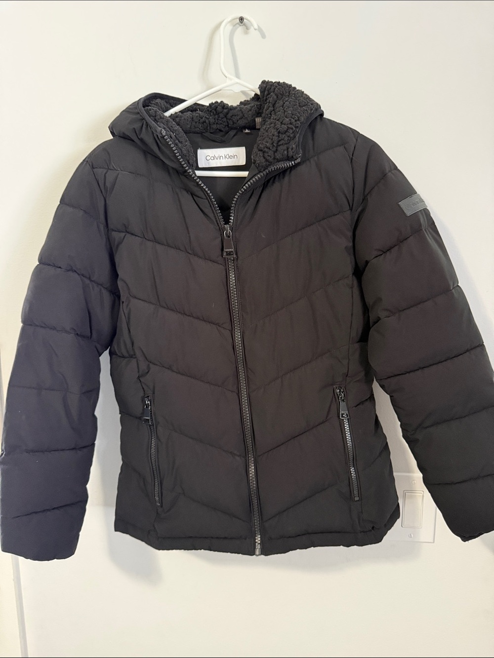 Calvin Klein Kids Black Quilted Puffer Jacket with Sherpa Hood